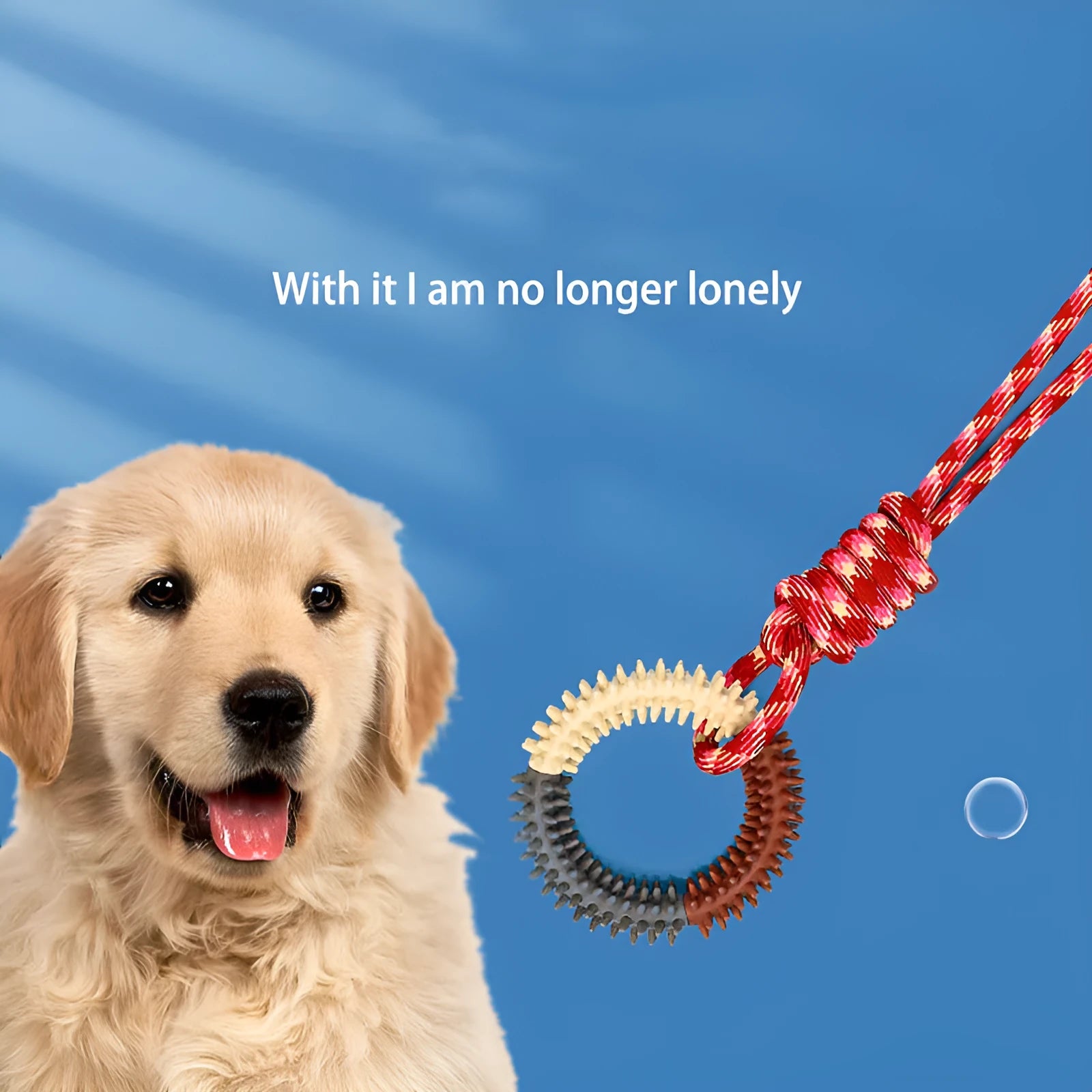 Colourful blue braided rope dog toy with multiple knots, shown on a plain background.