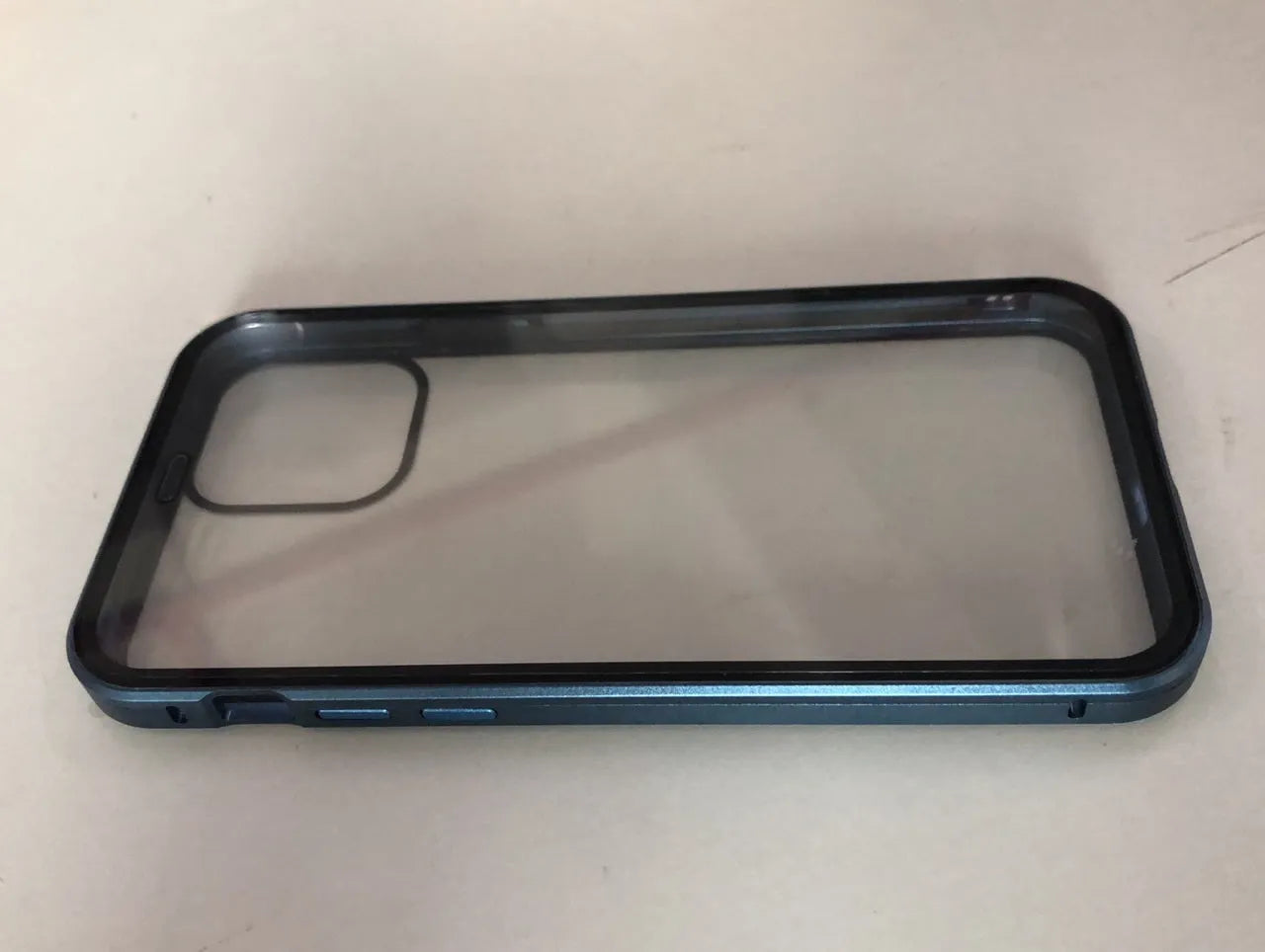 Black glass anti-spy clamshell privacy case for iPhone, shown open and closed.