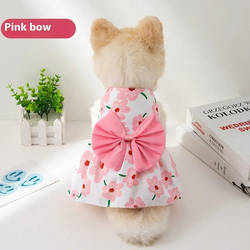 Orange floral butterfly pet dress with a bow on a dog, showing thin summer clothing.