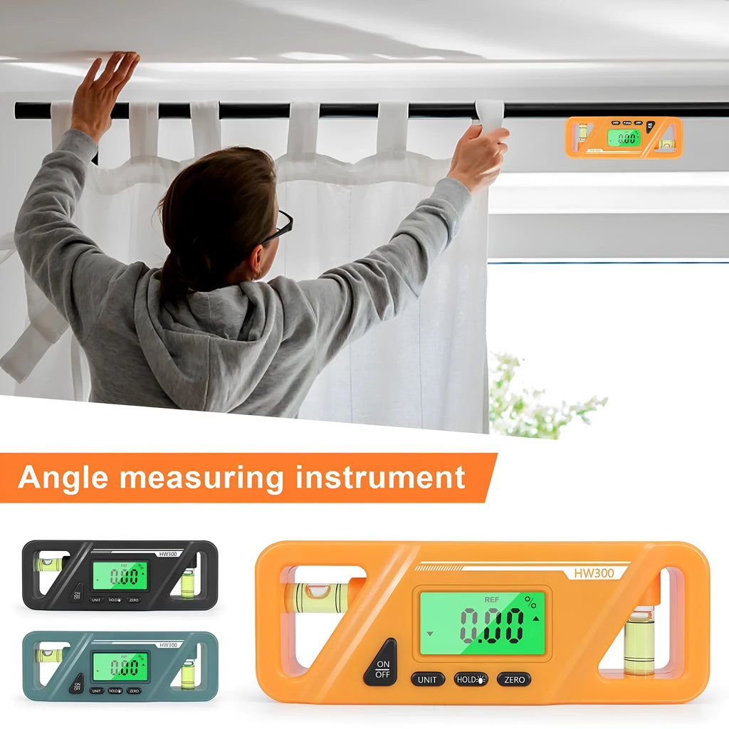 Black digital inclinometer level meter with LCD display and magnetic base, showing angle measurement.
