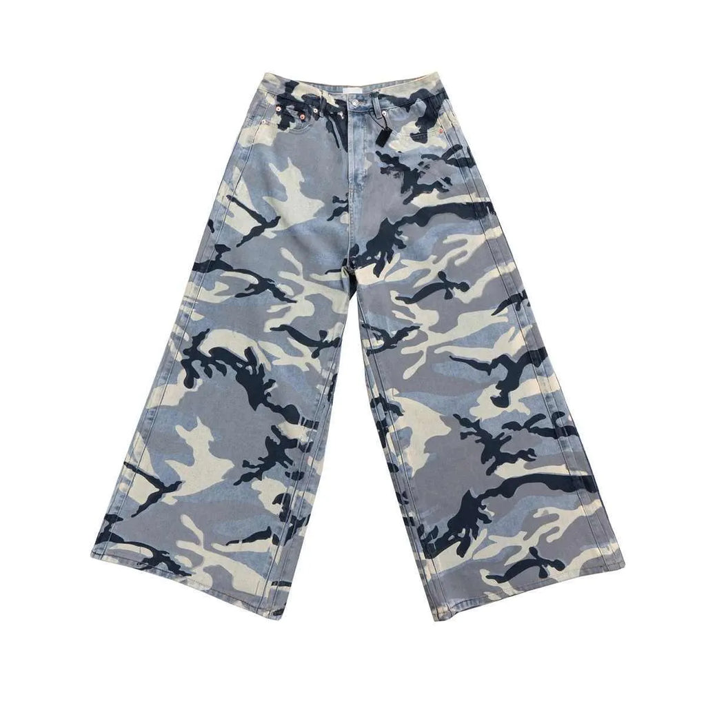 Blue snow camouflage pattern loose fit jeans with mid waist design and micro-elastic denim fabric