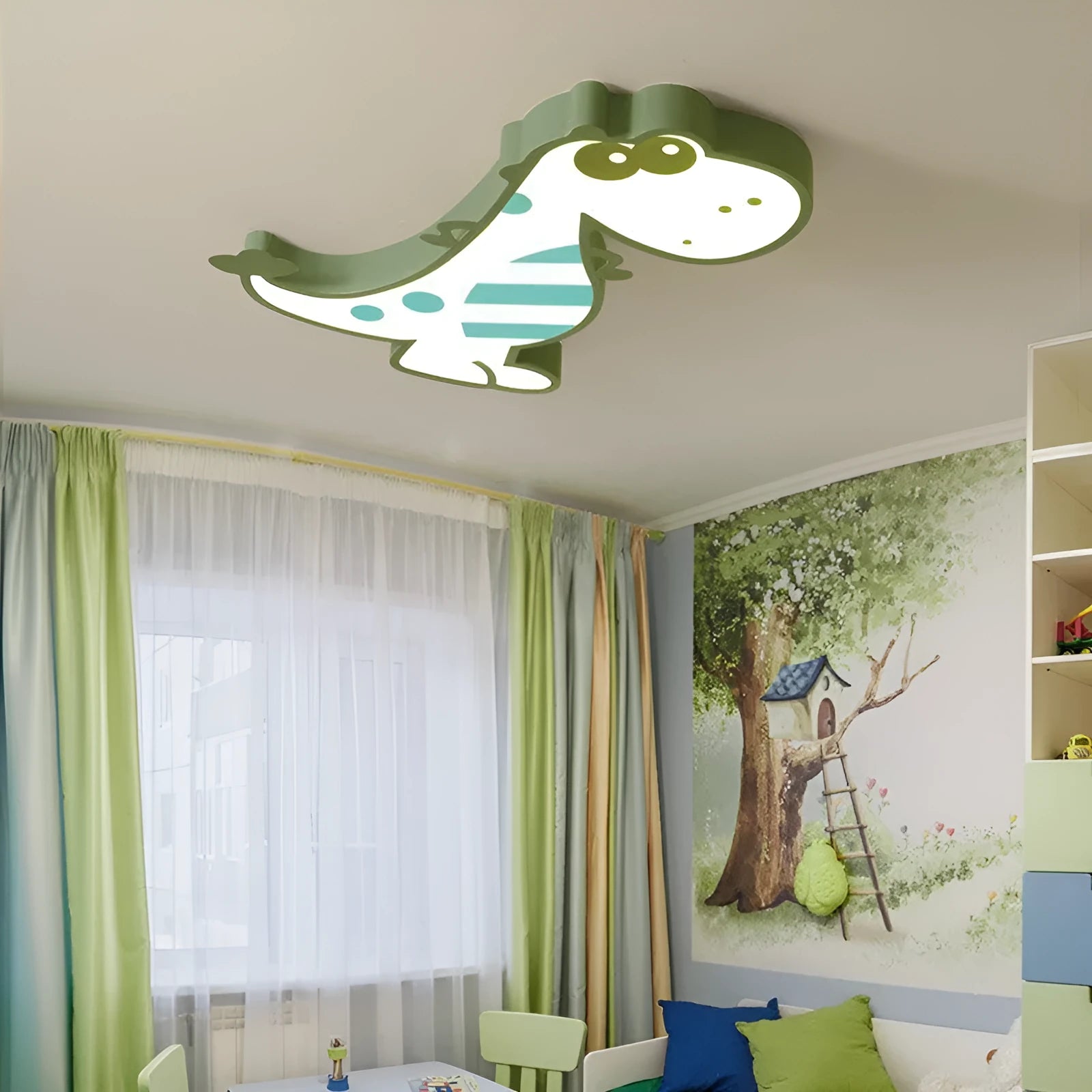 Green dinosaur cartoon LED ceiling light with 48cm diameter and dimmable function