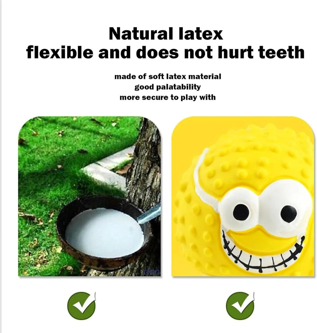 Smile face dog latex ball in green, orange, and yellow – squeaky bouncy toy for small dogs and cats