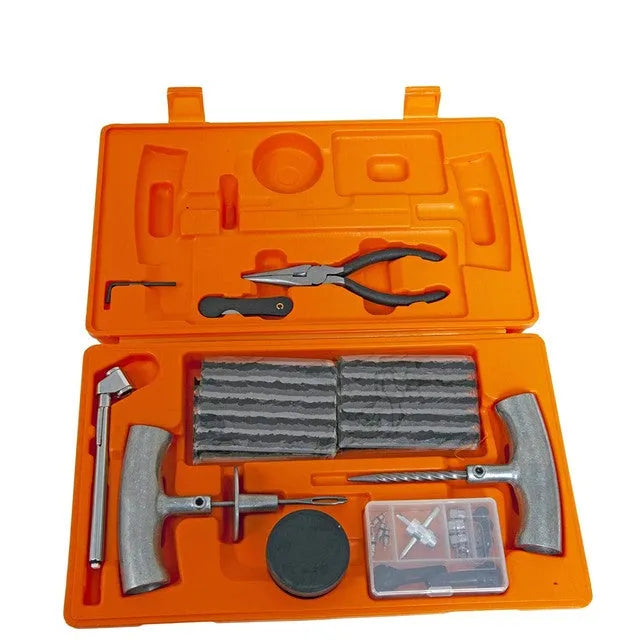 Speedy Seal emergency car tyre repair tool kit in a compact case with hex wrench, knife, pressure gauge, pliers, and reamer tools.