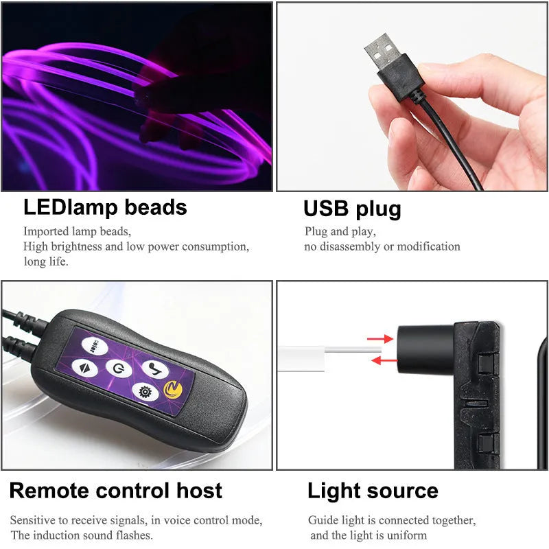 USB car LED atmosphere lamp with colourful colour-changing light strips for centre console and dashboard installation