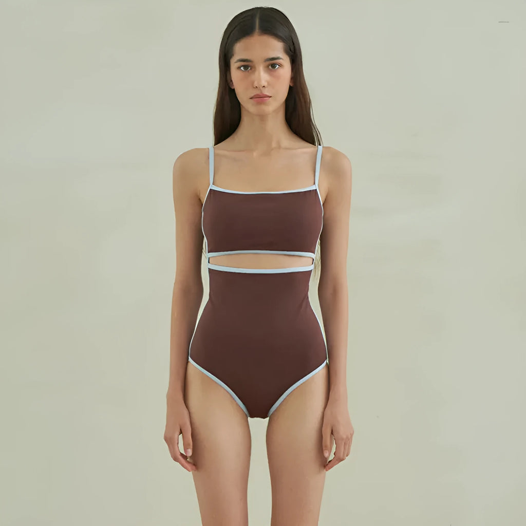 Brown women's one-piece triangle top swimsuit on hanger