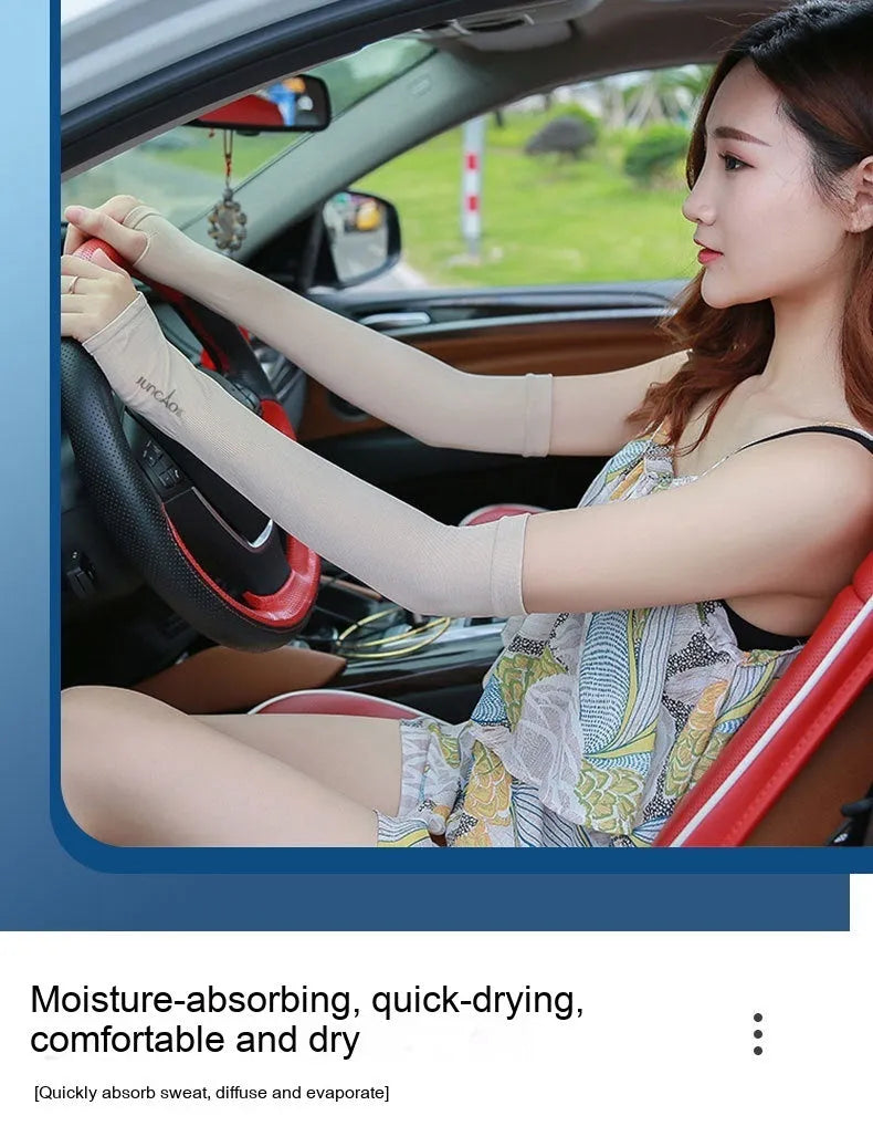 Unisex open-finger nylon sun protection sleeve for driving, shown in blue.
