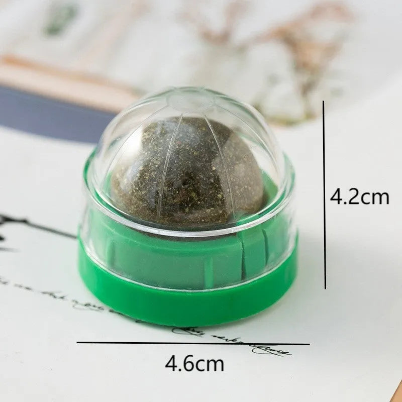 Plastic catnip ball toy with textured teeth cleaning surface in various colours