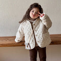Beige Korean-style baby girl winter cotton-padded coat with printed design, corduroy fabric, single-breasted closure, unhooded, suitable for heights 80-130cm