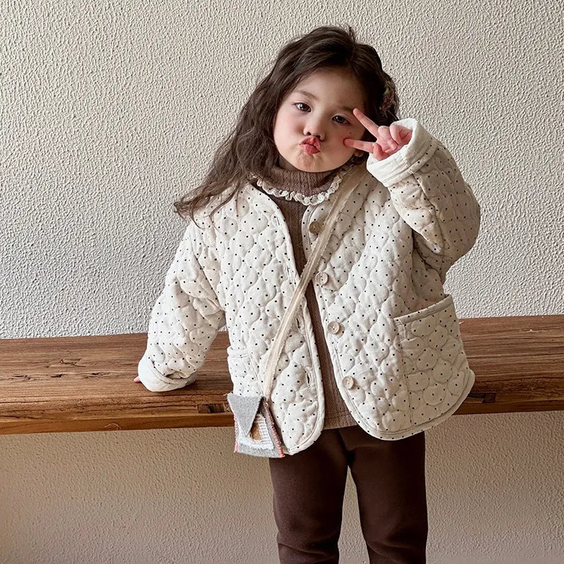 Beige Korean-style baby girl winter cotton-padded coat with printed design, corduroy fabric, single-breasted closure, unhooded, suitable for heights 80-130cm