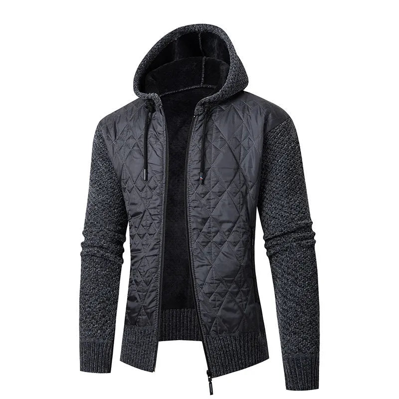 A grey men's hooded cardigan coat in wool and corduroy fabric with a cinched waist.