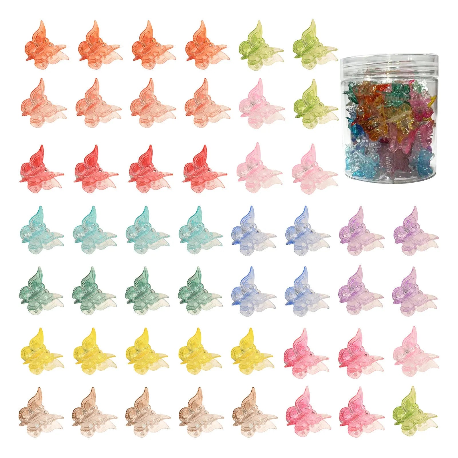 50 glitter butterfly hair claw clips in 14 sparkly colours displayed together