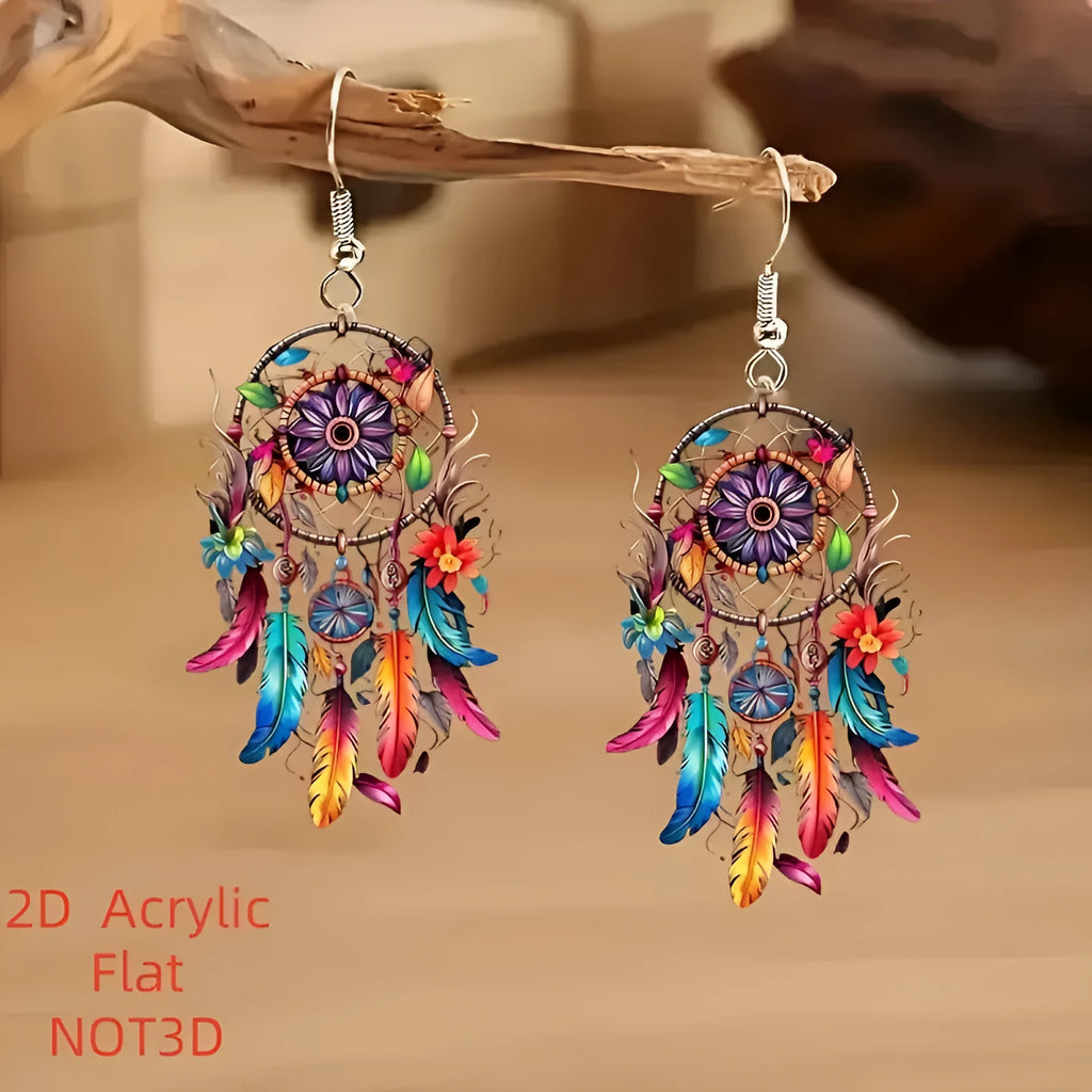 Flat acrylic earrings with printed dreamcatcher pattern in geometric shape, Dream Catcher Earrings E1258 colour
