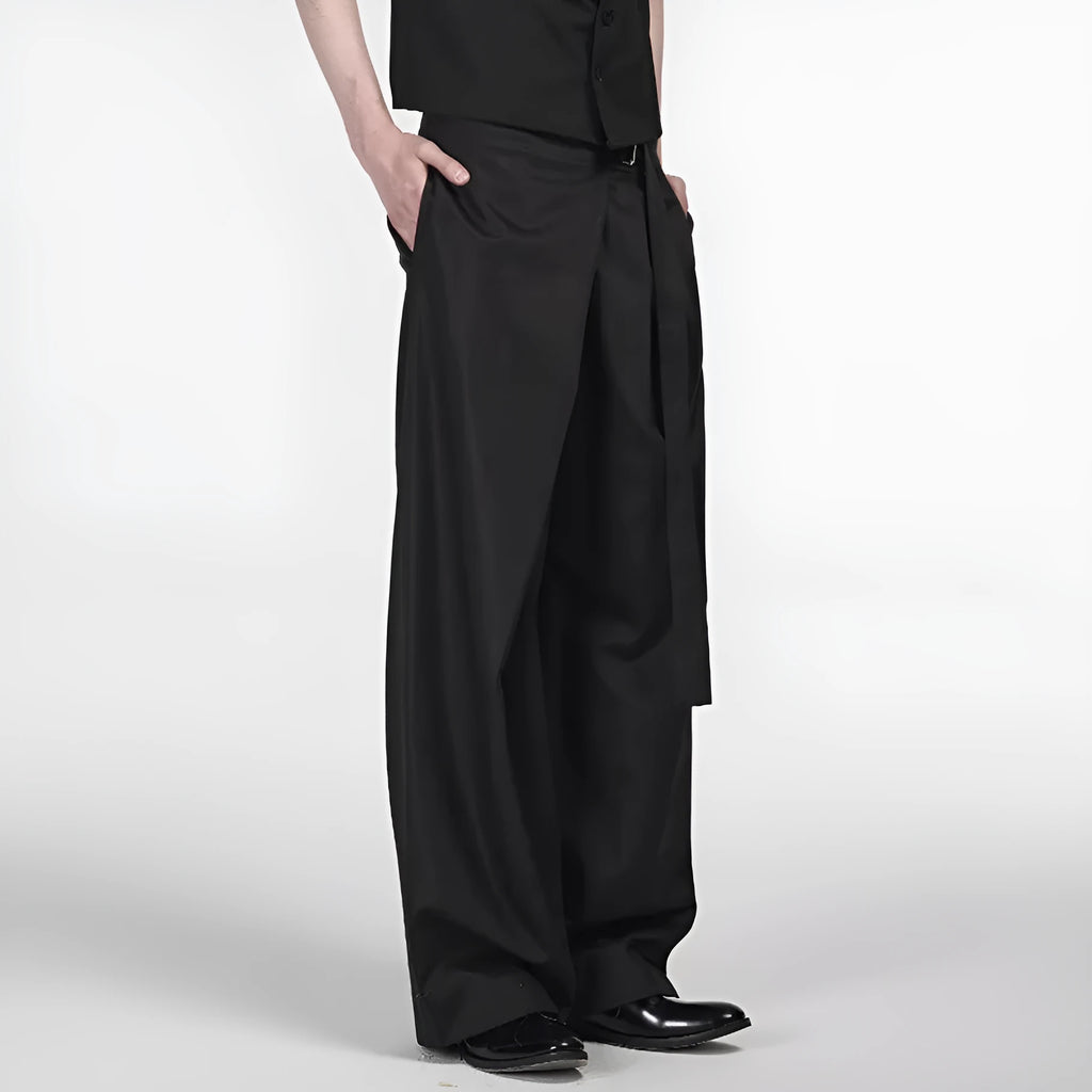 Black straight-leg Tencel cotton trousers with a single pleat and adjustable waistband on a hanger.