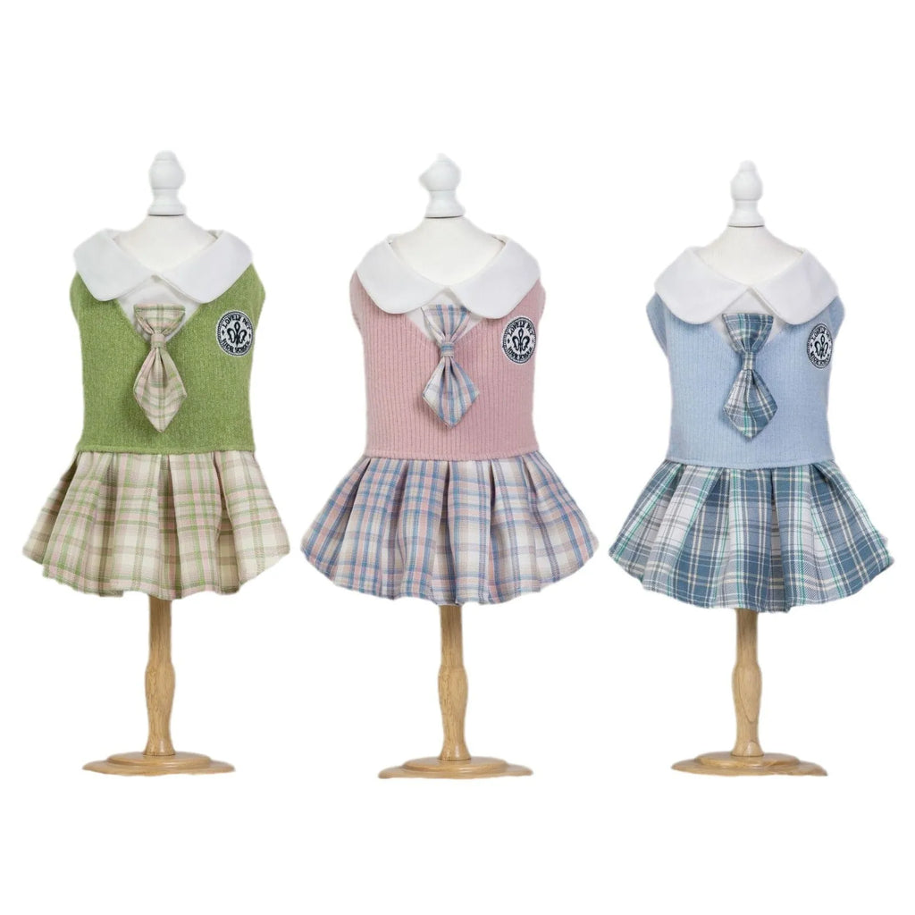 Tartan plaid princess skirt for a small dog or cat, shown in pink, blue, and green colour options.