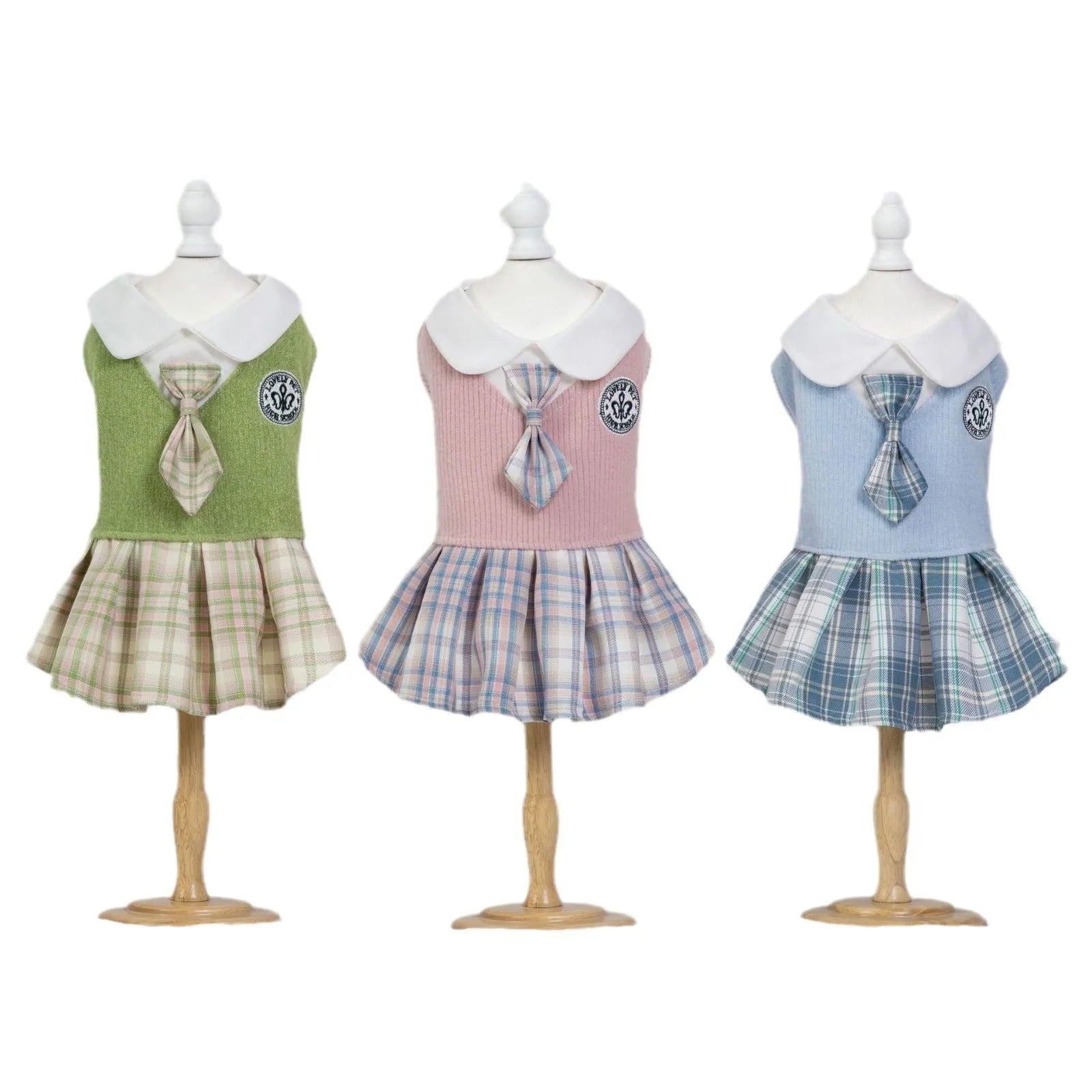 Tartan plaid princess skirt for a small dog or cat, shown in pink, blue, and green colour options.