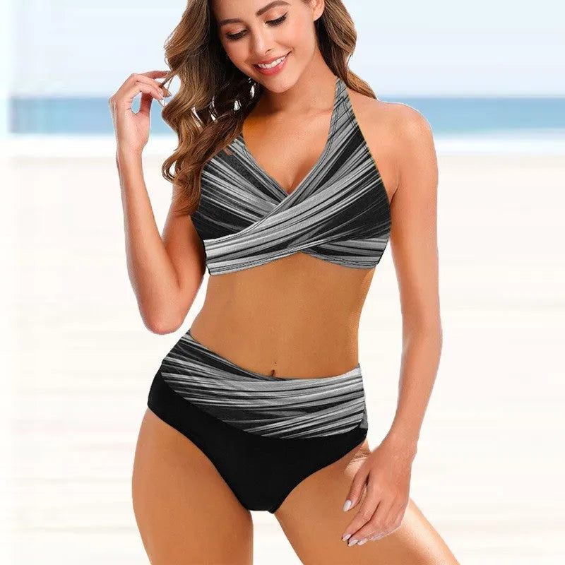 Ladies striped tie-dye hollow pattern bikini set with high-waisted briefs in multiple colours