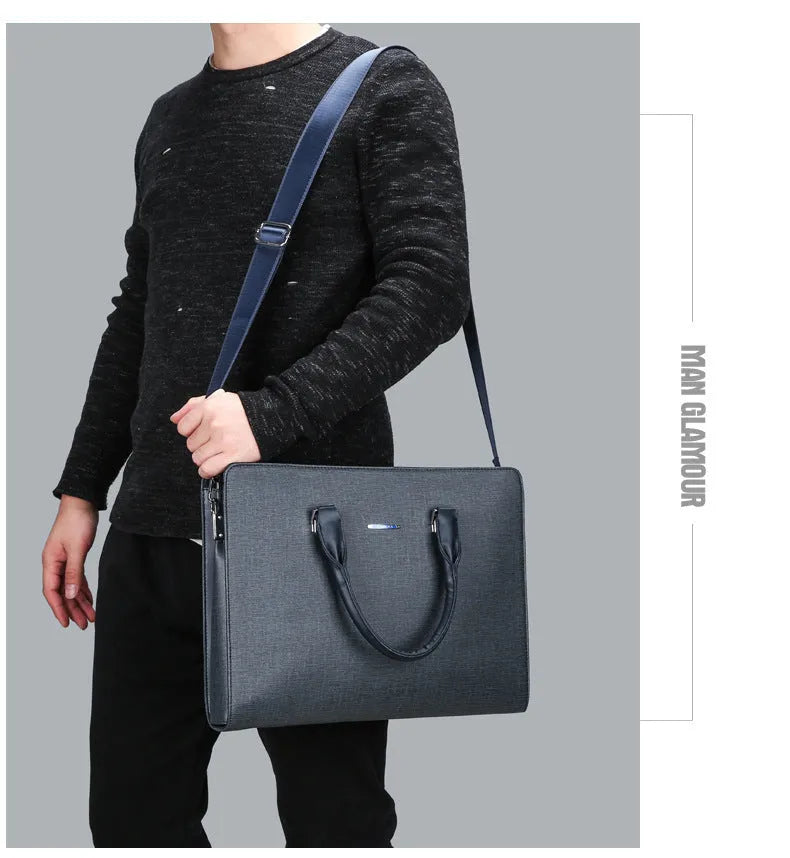 One-shoulder cross-slung male business briefcase in PU leather, horizontal square shape, black colour, zipper closure, stitched detailing