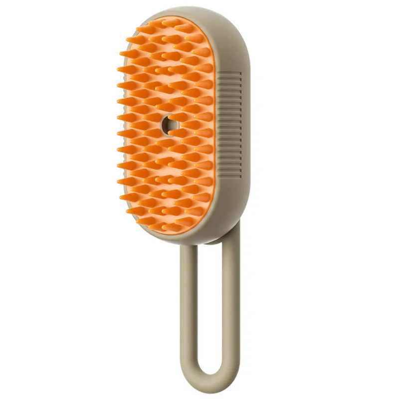 Dog grooming spray massage comb kit with wash-free essence bottle, shown in khaki colour.
