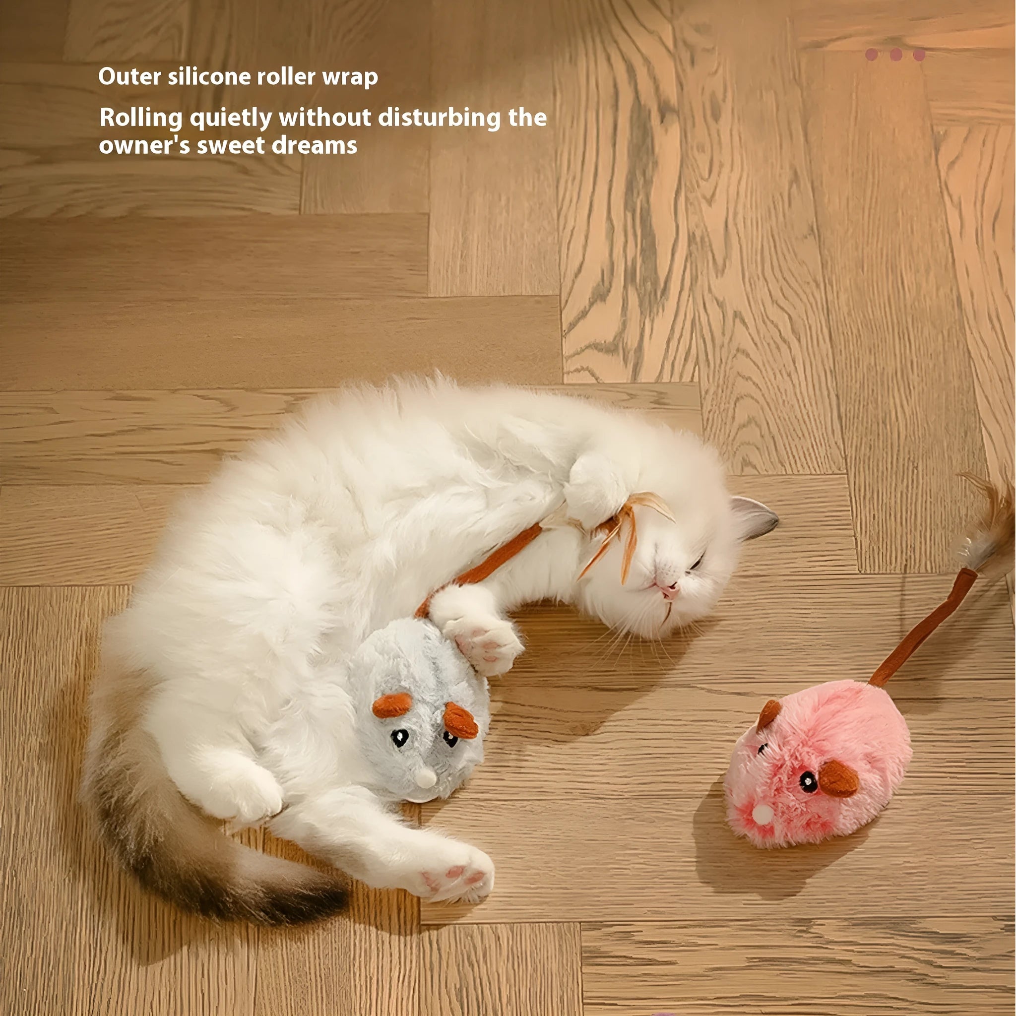 Self-playing electric cat toy with plush mouse on pole, available in pink, dark grey and purple colours