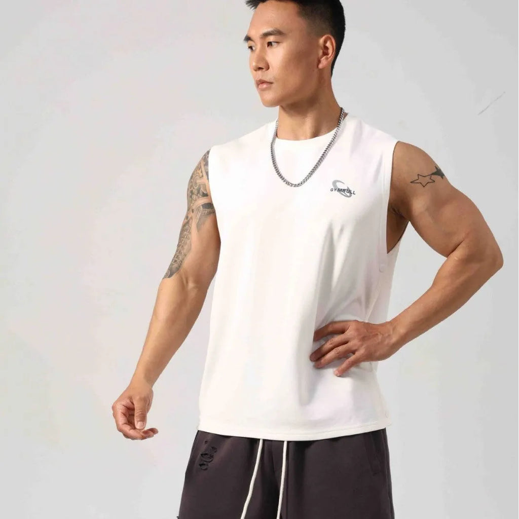 Korean style men's loose cotton fitness vest with hidden side hooks in black.