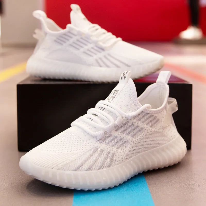 Men's breathable flying fabric sports shoes in white, black, or khaki with platform heel and round toe design