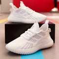 Men's breathable flying fabric sports shoes in white, black, or khaki with platform heel and round toe design
