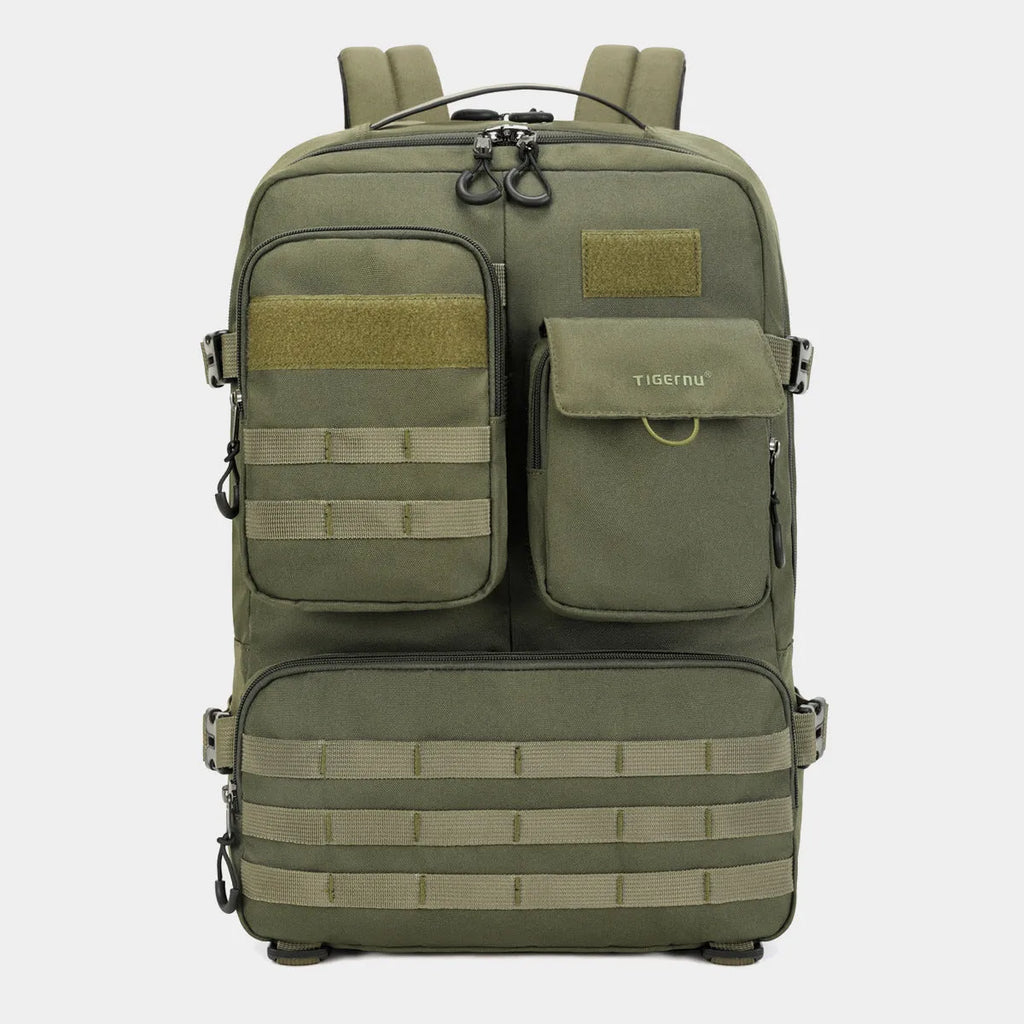 Army green tactical backpack with 17-inch height shown outdoors, highlighting its wear-resistant nylon construction.