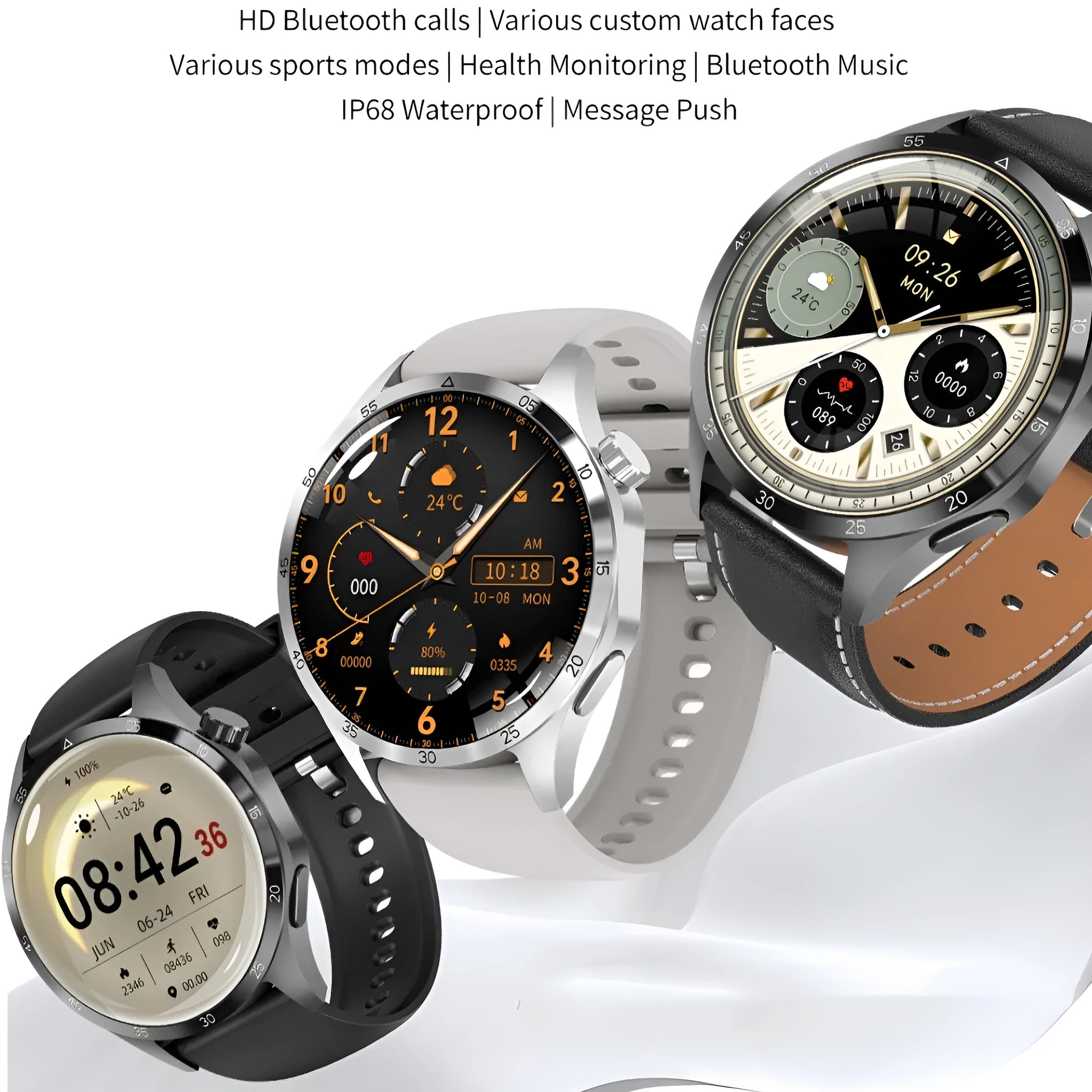 Black Bluetooth smartwatch with a touchscreen display, shown with both silicone and Milanese mesh strap options.