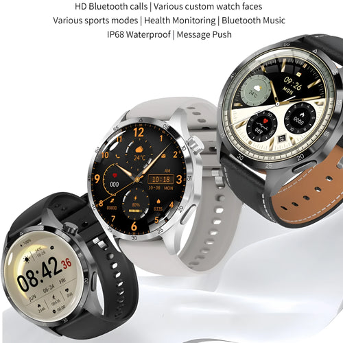 Black Bluetooth smartwatch with a touchscreen display, shown with both silicone and Milanese mesh strap options.