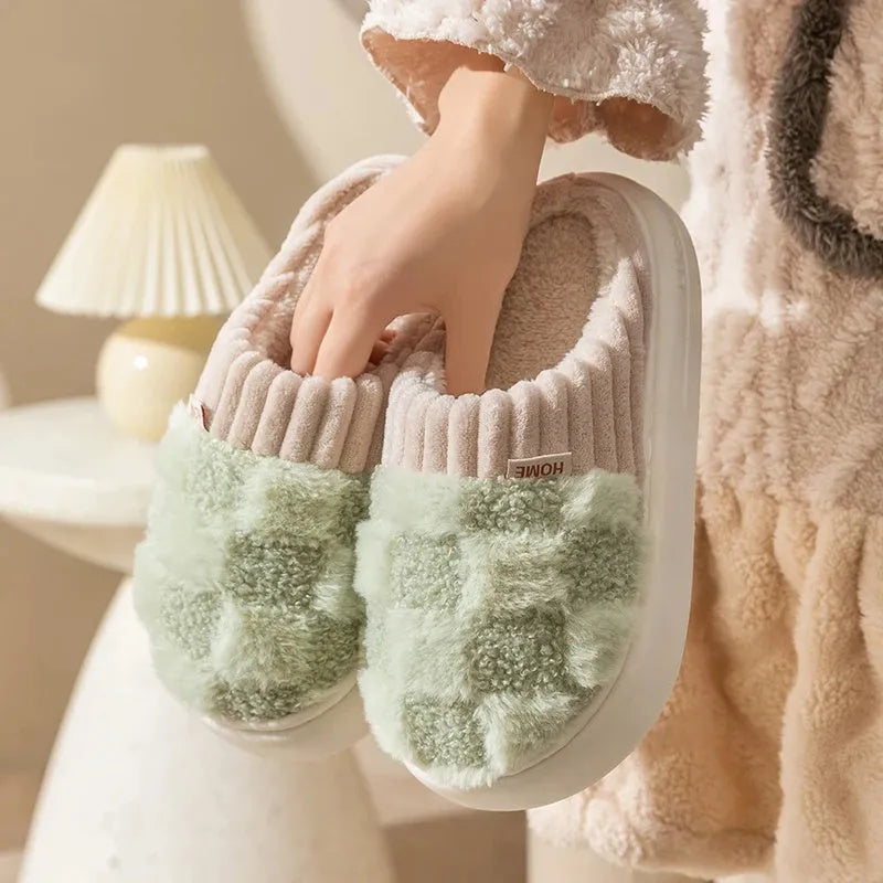 Women's plush indoor slippers in grey with coral velvet upper and flat PVC sole.