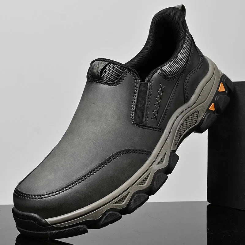 Men's casual leather-style shoes with rubber soles in black, brown and grey colours