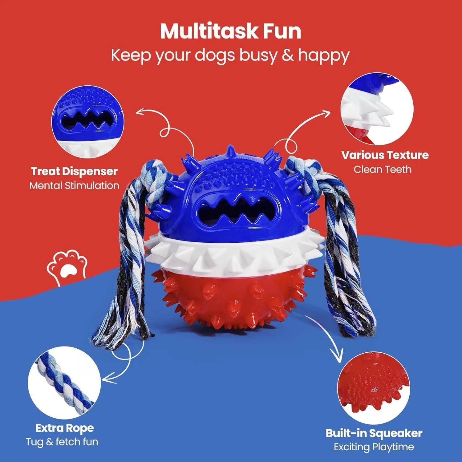 Blue and red TPR rubber squeaky dog ball with rope tug and treat dispenser hole.