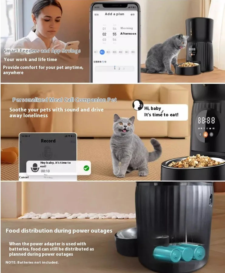 Black and white intelligent pet feeder with automatic timing and quantitative remote feeding control