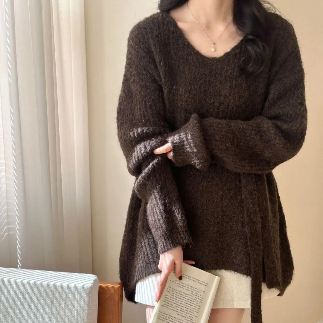 V-neck halter ribbon loose mid-length pullover sweater in polyester for women