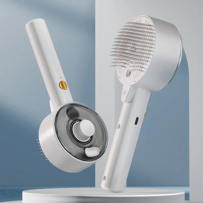 Ceramic white rechargeable pet grooming brush with UVC light and misting function on a dog's coat.