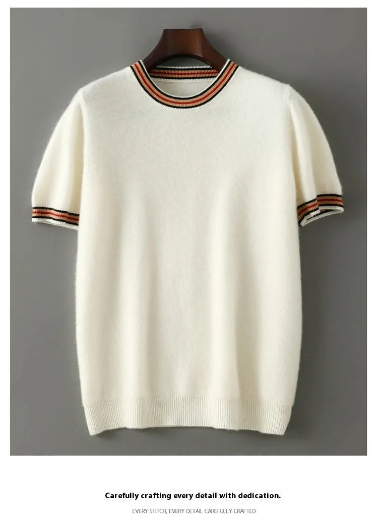 Men's grey round neck short sleeve pure wool pullover sweater on a hanger.