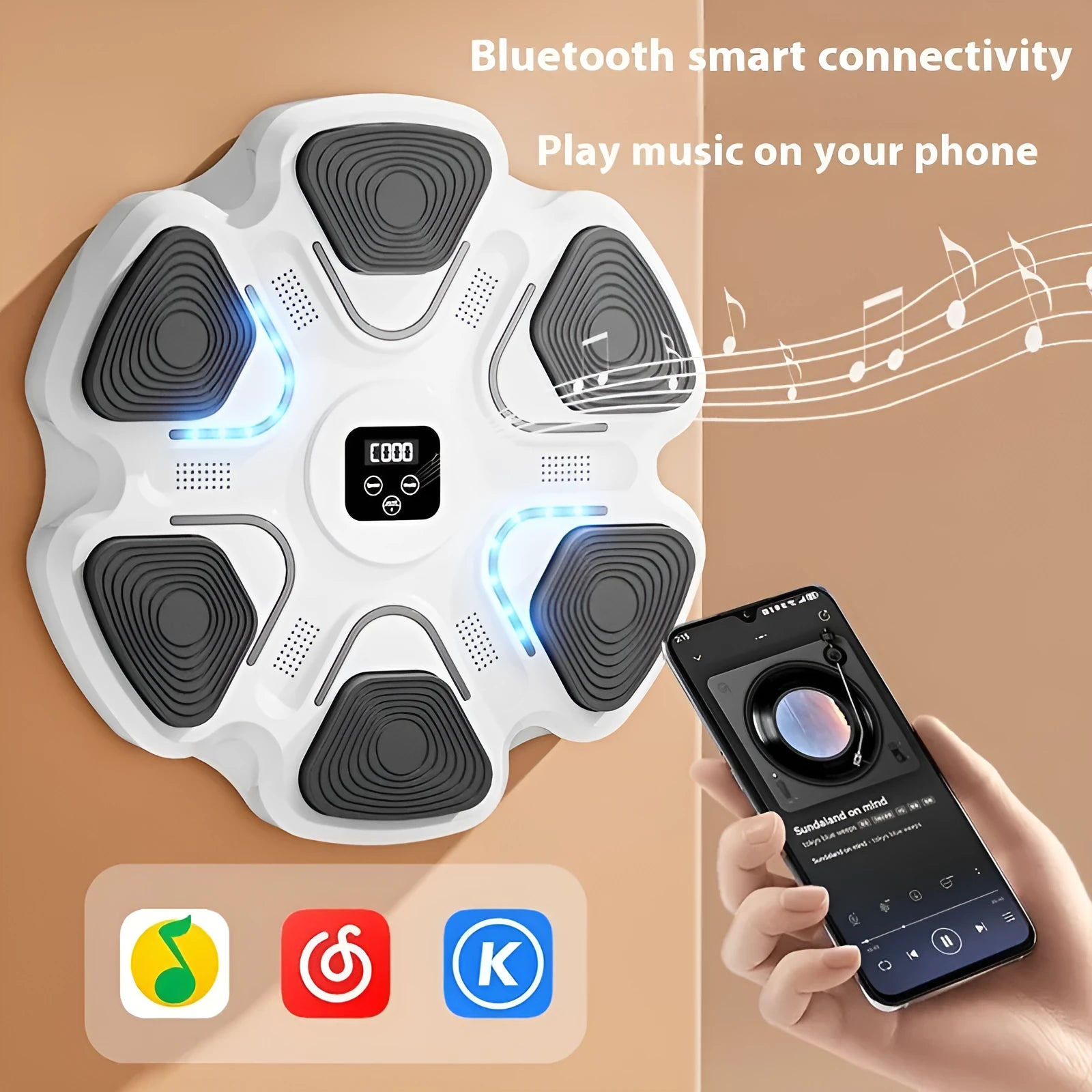 Smart music boxing machine wall target with electronic lights and focus gloves for home training.