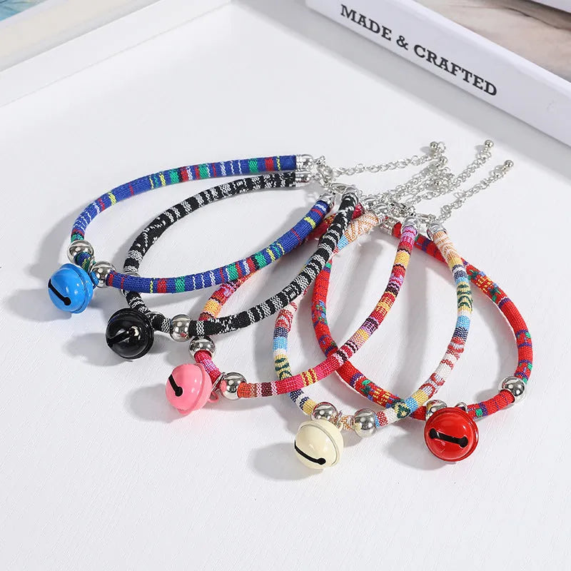 Ethnic-style adjustable pet collar with bell decoration in multiple colour options