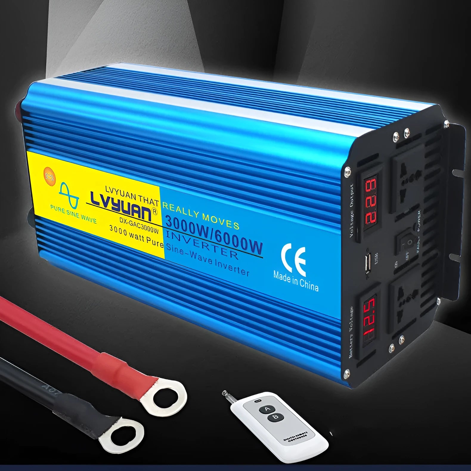 Blue 3000W pure sine wave power inverter with digital display and British socket