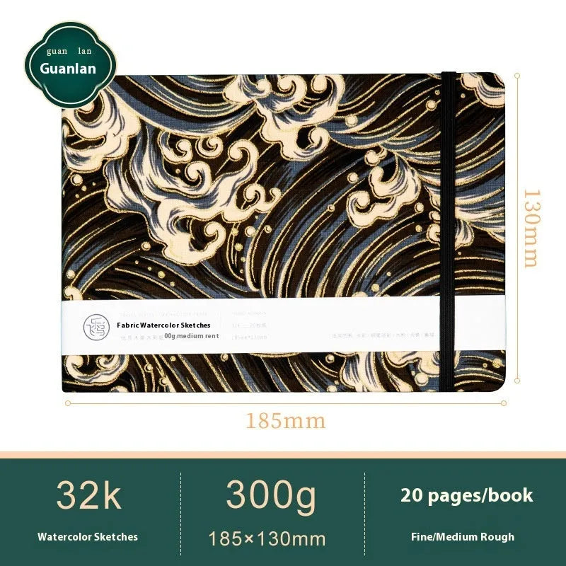 Feiluniao handmade fabric watercolour notebook in 185mm portable size, showing artistic cover design.