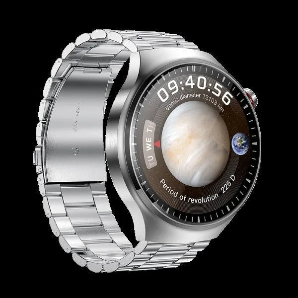 Smart watch with heart rate and blood pressure monitoring, TFT screen, black steel strap, wireless charger