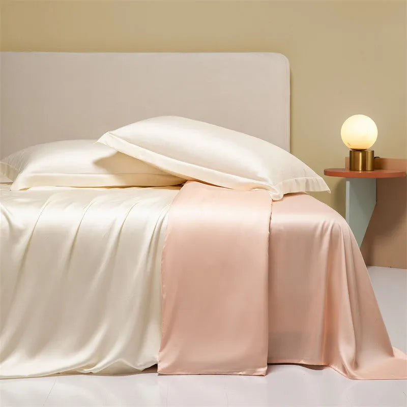Luxury Tencel Lyocell bedding set with quilt cover, sheet, and pillowcases in grey.