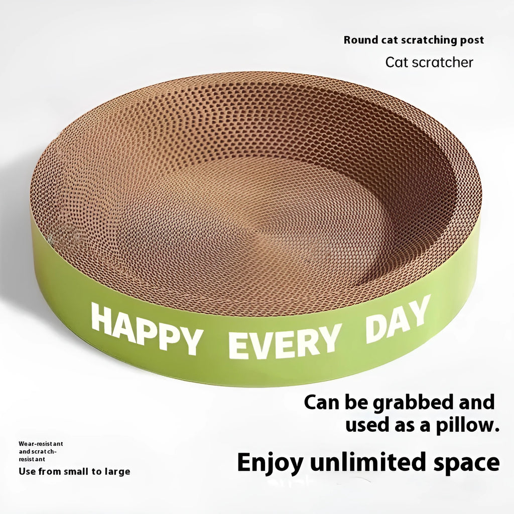 Green round cat scratching board nest with plush interior and integrated scratching surface
