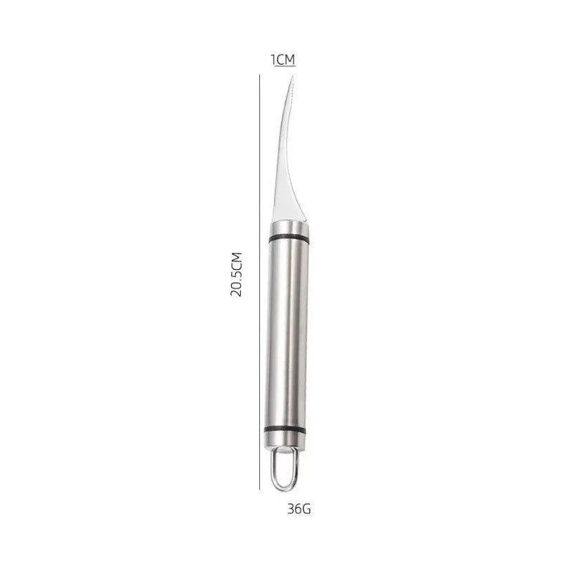 Multifunctional stainless steel shrimp remover with eagle-beak design and double row of blades on a clean surface