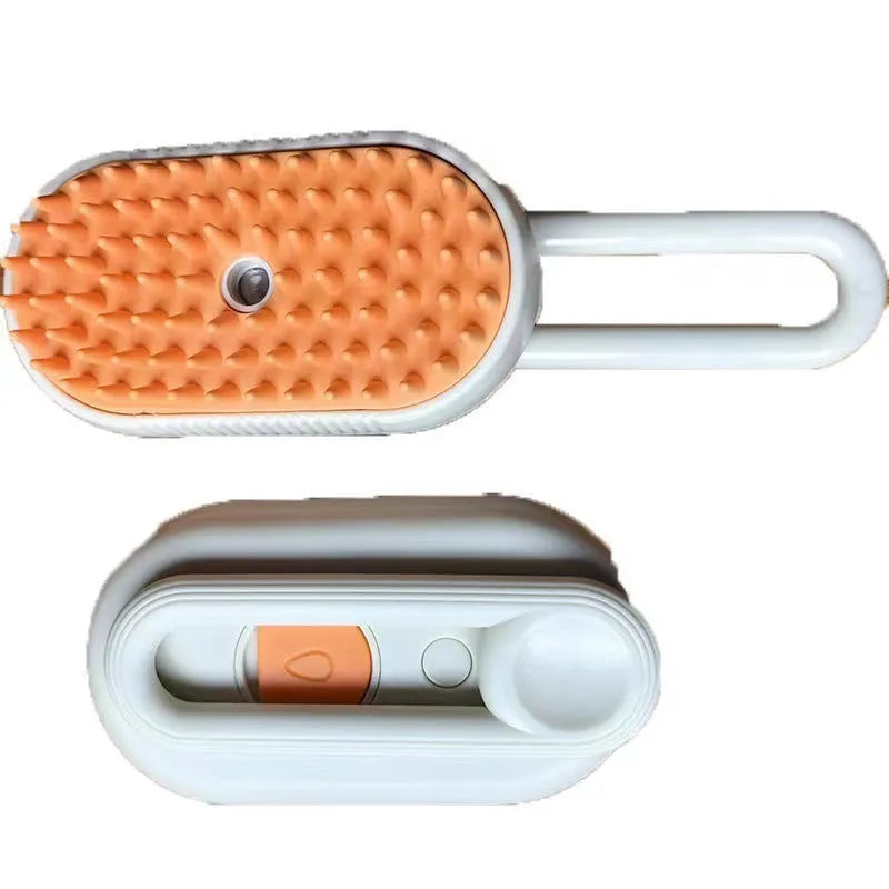 Avocado green handheld pet spray massage brush with rotating bristle head and bottle of essence.