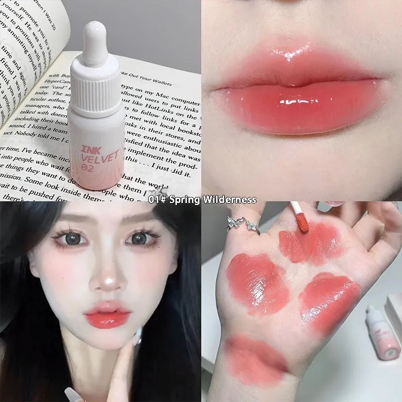 Mirror Lip Lacquer tube in 3.5g size showing four colour options: Spring Day Wilderness, Orange Tabby Cat Diary, Low-key Charming, and Misty Berry