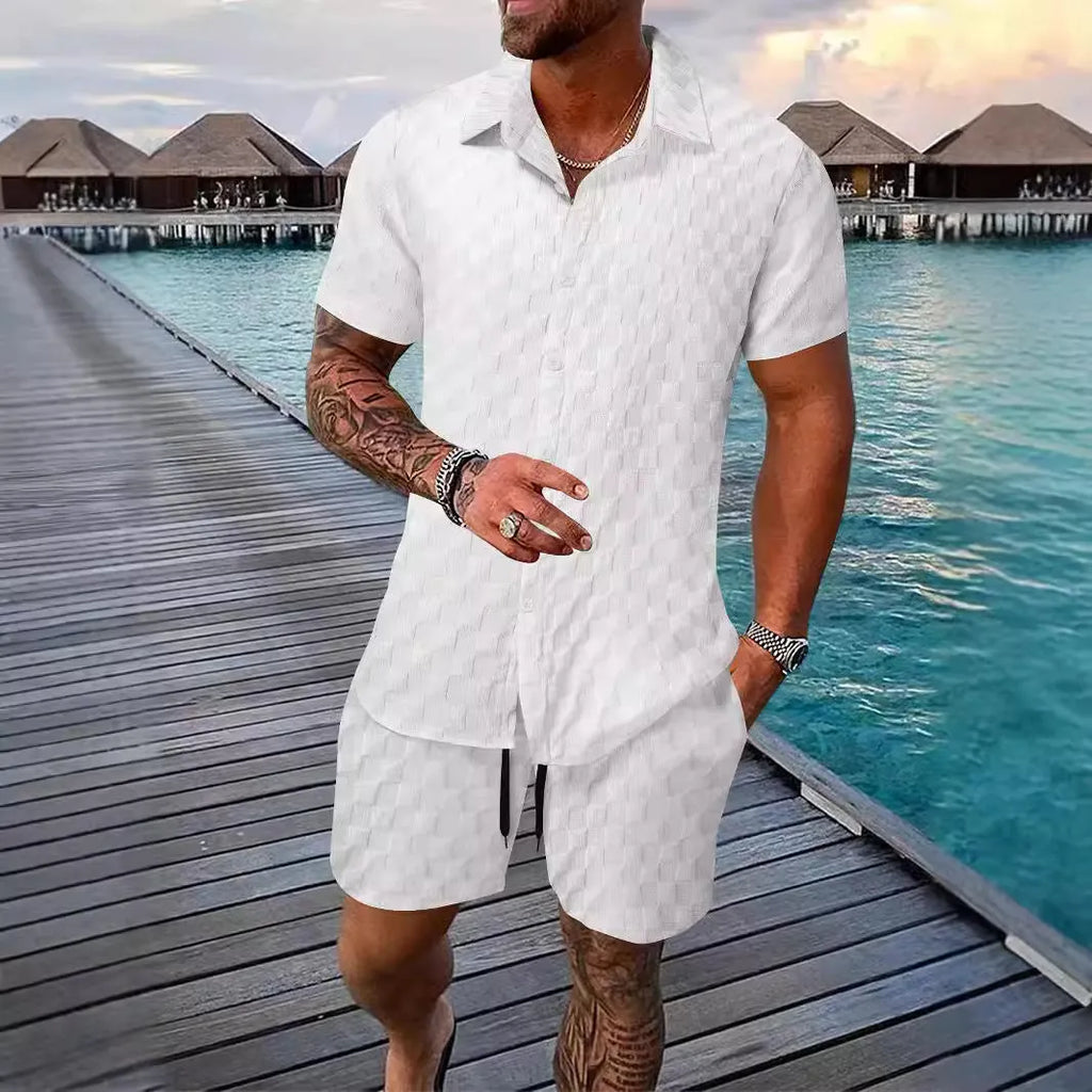 Men's chemical fibre shirt casual suit with short sleeve top and shorts in beige colour