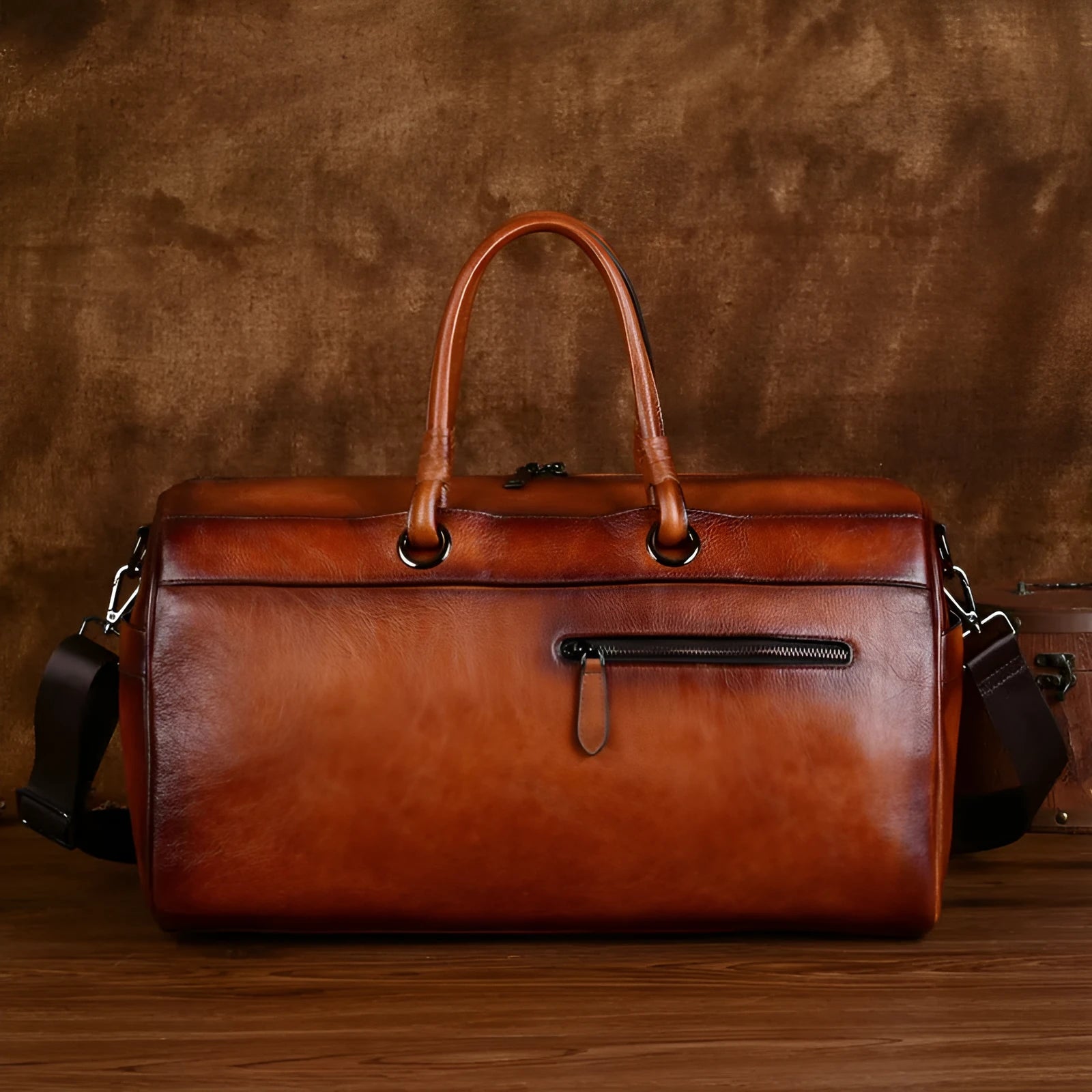 Handmade retro style brown leather shoulder bag with large capacity.