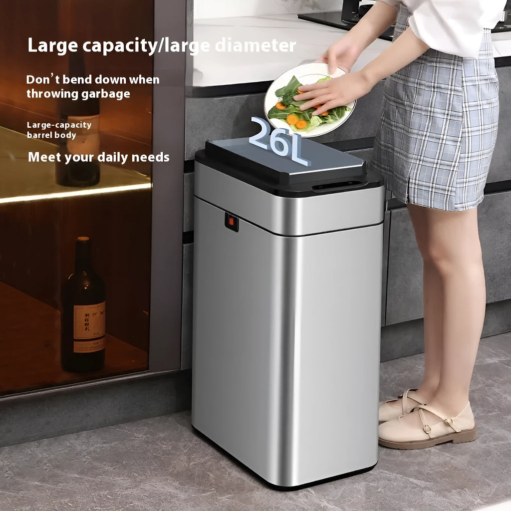 Stainless steel inductive smart trash can with deodorant, square shape, large capacity for kitchen